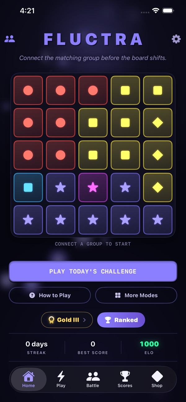 Fluctra's iPhone home screen with a colorful matching board and Daily Challenge button.